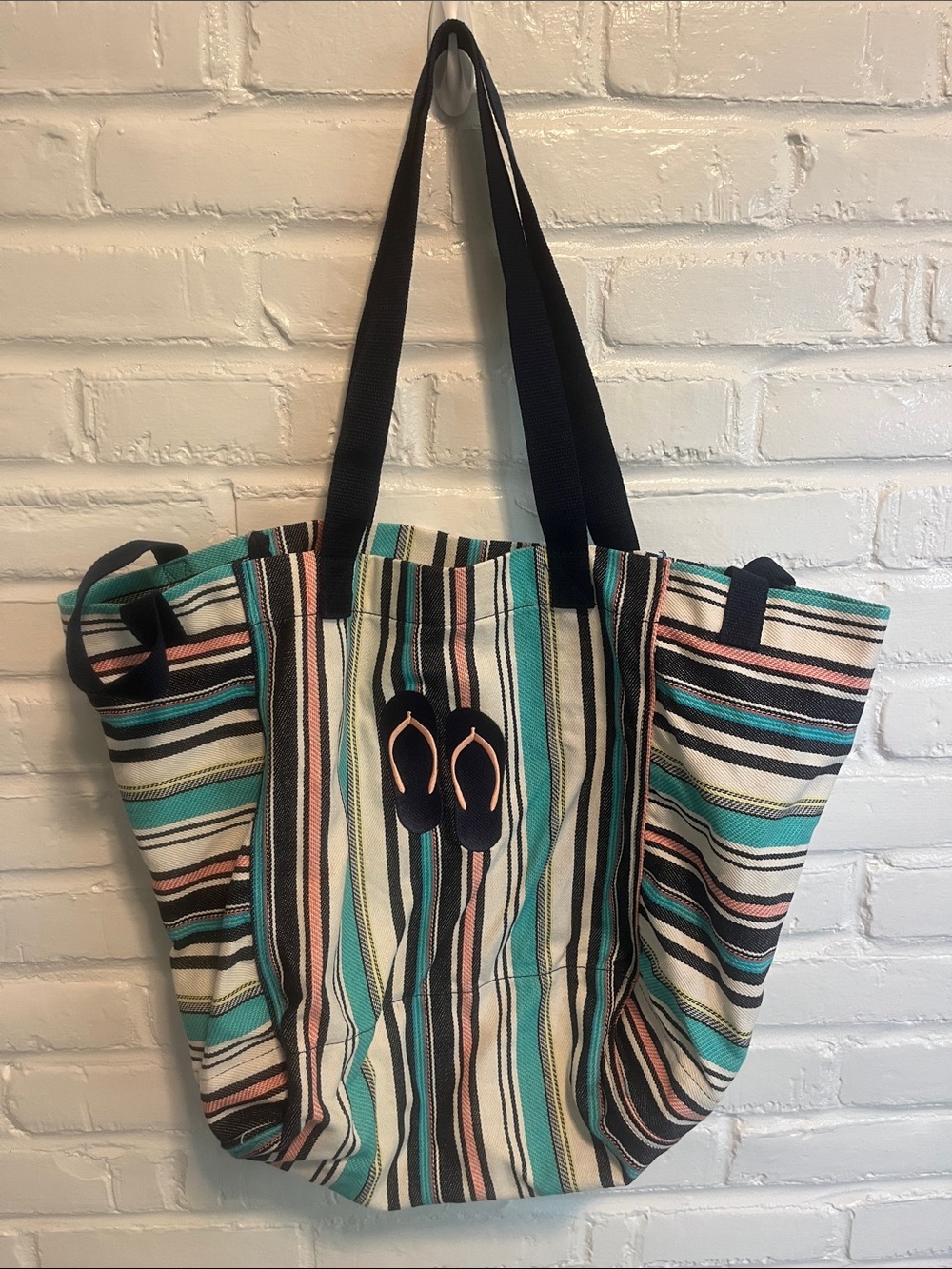 NWT 31 Striped Canvas Tote Bag with Flip-Flop Patch - Teal, Blue & Cream